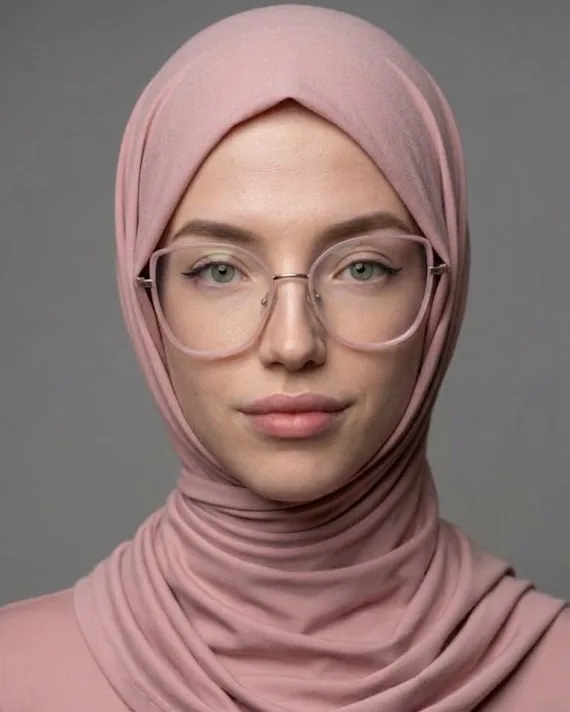 Aurora Zahiji in a dusty pink jersey hijab and matching top, wearing clear-framed glasses, face visible against a plain grey studio backdrop