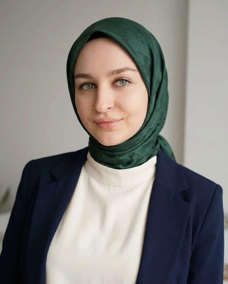 Verona Makrad in an emerald jacquard silk hijab, cream high-neck top and navy blazer, face visible against a pale grey wall in soft daylight
